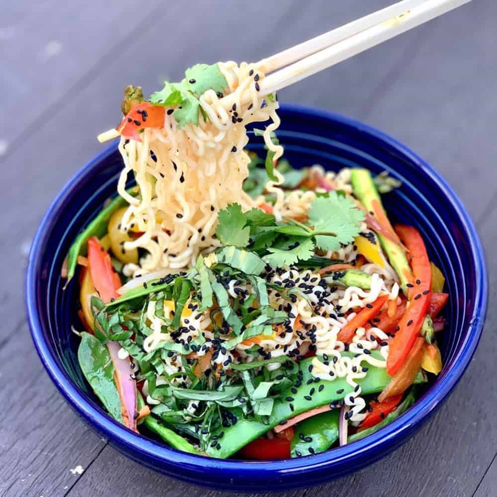 gorgeous colorful bowl of noodles and vegetables