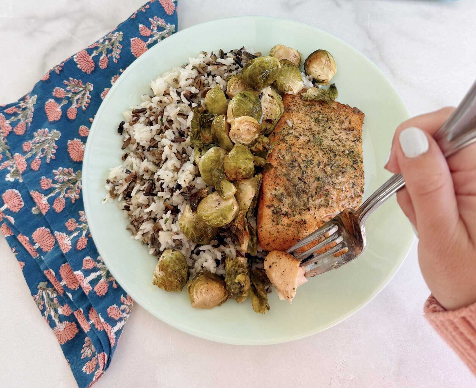 Herb Roasted Salmon w/Wild Rice & Maple Roasted Brussels Sprouts (11/5)